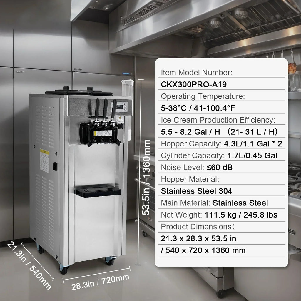 Nouveauté 2026 – Machine à glace molle commerciale KFFKFF , débit de 21 à 31 l/h, 3 parfums, affichage LED, nettoyage automatique, trémie de 4,3 l/1,1 gal, réservoir de 1,7 l/0,45 gal