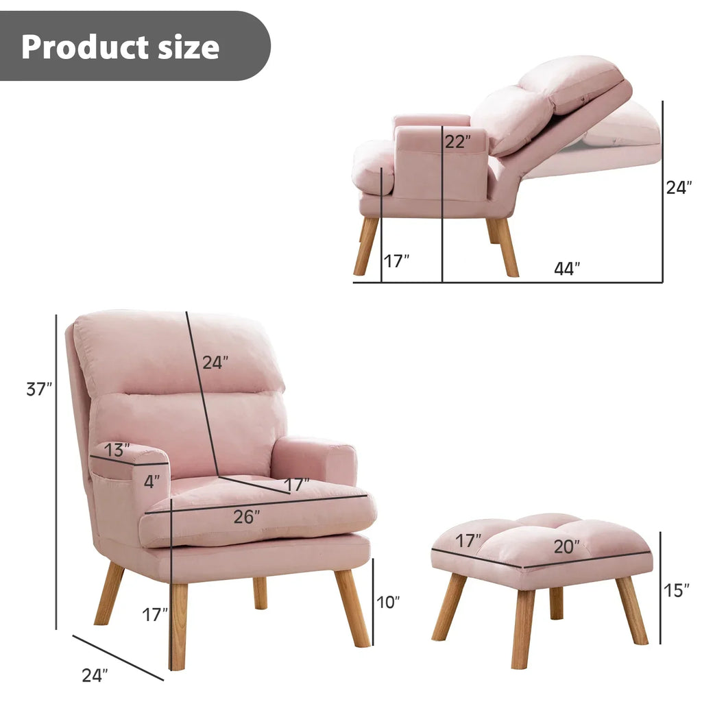 Nouveauté 2026 – Fauteuil d'appoint réglable Betier avec repose-pieds, fauteuil en velours pour chambre ou salon, fauteuil lounge confortable avec dossier rembourré et poche latérale, fauteuil de lecture moelleux, beige