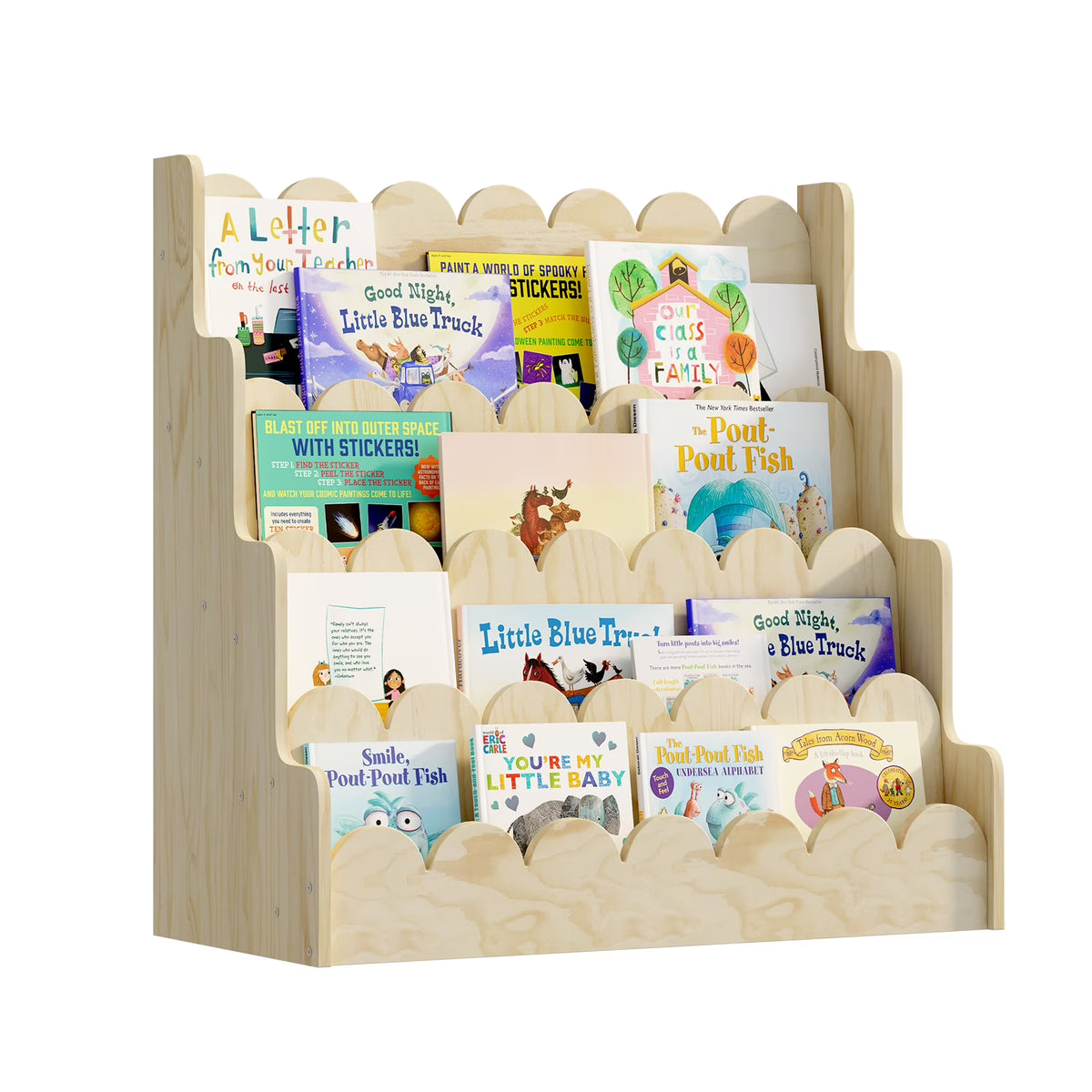 Nouveauté 2026 – Étagère Montessori en bois pour enfants - Présentoir à livres festonné à 4 niveaux, rangement pour livres et jouets de bébé/tout-petit, rangement mixte pour salle de jeux ou classe