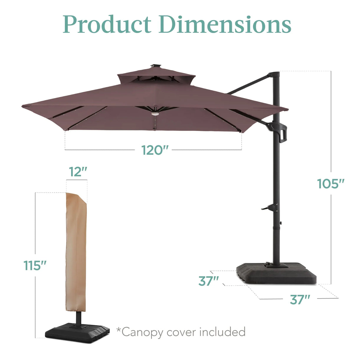 Nouveauté 2026 – Parasol de terrasse carré déporté à deux niveaux, 3 x 3 m, à éclairage solaire LED, avec base incluse (Best Choice Products, ) - Beige