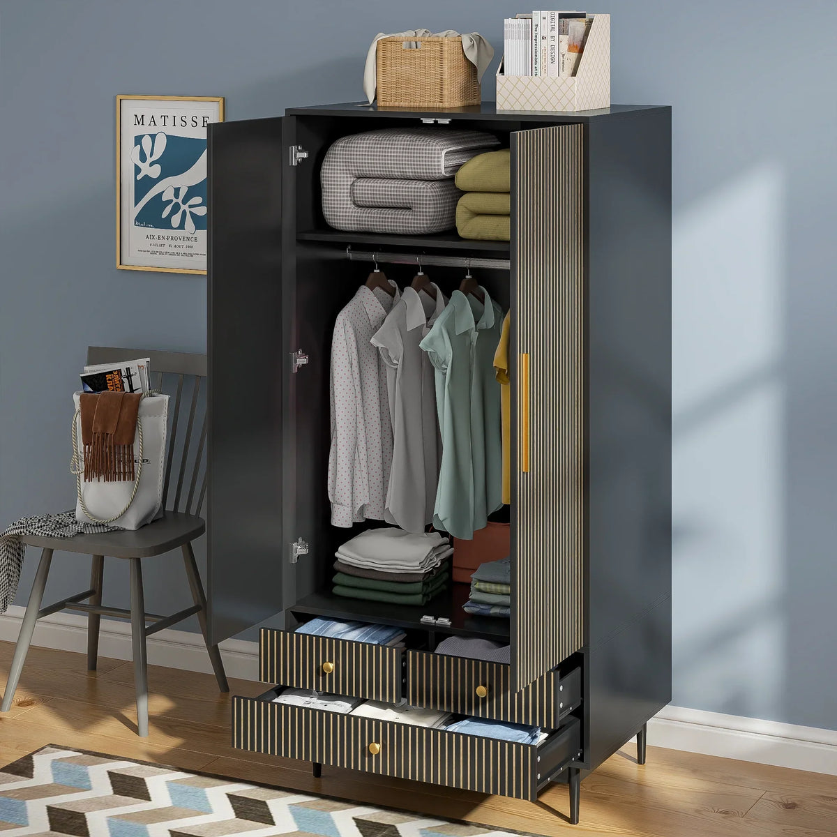Nouveauté 2026 – Armoire-penderie Armoire , meuble de rangement avec tiroirs et penderie pour chambre à coucher, blanc