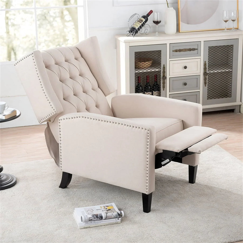 Nouveauté 2026 – Fauteuil d'appoint Triple Tree Modern en tissu, mousse et bois massif, imprimé, garniture cloutée, beige