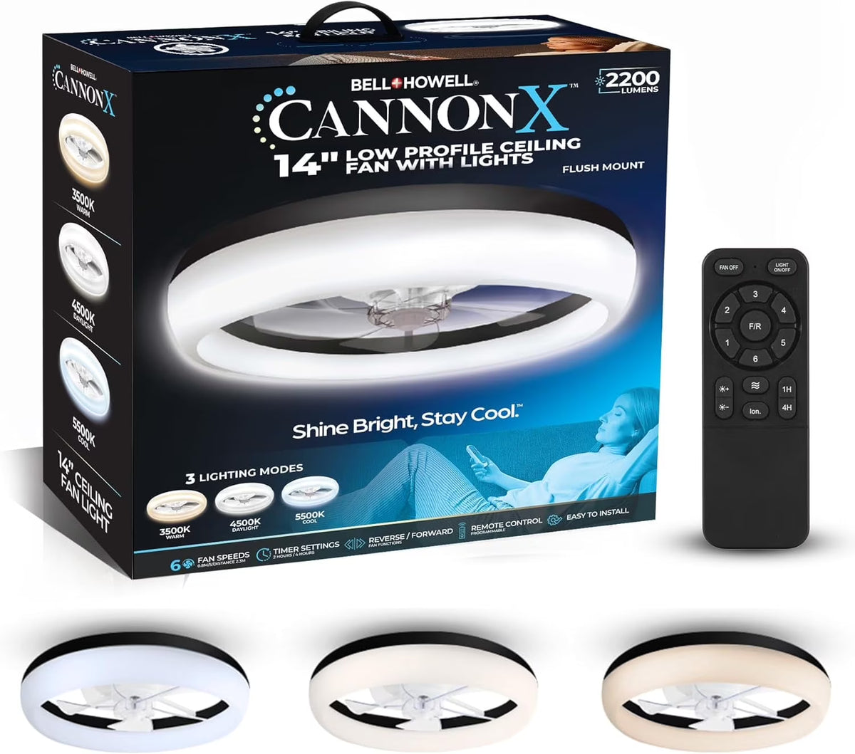 Nouveauté 2026 – Ventilateur de plafond extra-plat CannonX 14" avec éclairage et télécommande, ventilateur de plafond moderne avec lumière, 6 vitesses, 3 modes d'éclairage (3500K-5500K), montage encastré pour chambre à coucher, LED 2200 lumens