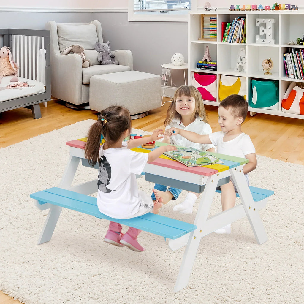 Nouveauté 2026 – Table de pique-nique 3 en 1 pour enfants Costway , en bois, avec bacs à sable et à eau, parasol et autres jeux, verte