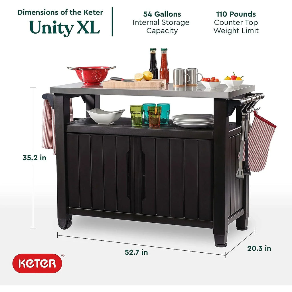 Nouveauté 2026 – Chariot de bar de cuisine extérieure Keter Unity XL avec armoire de rangement, marron