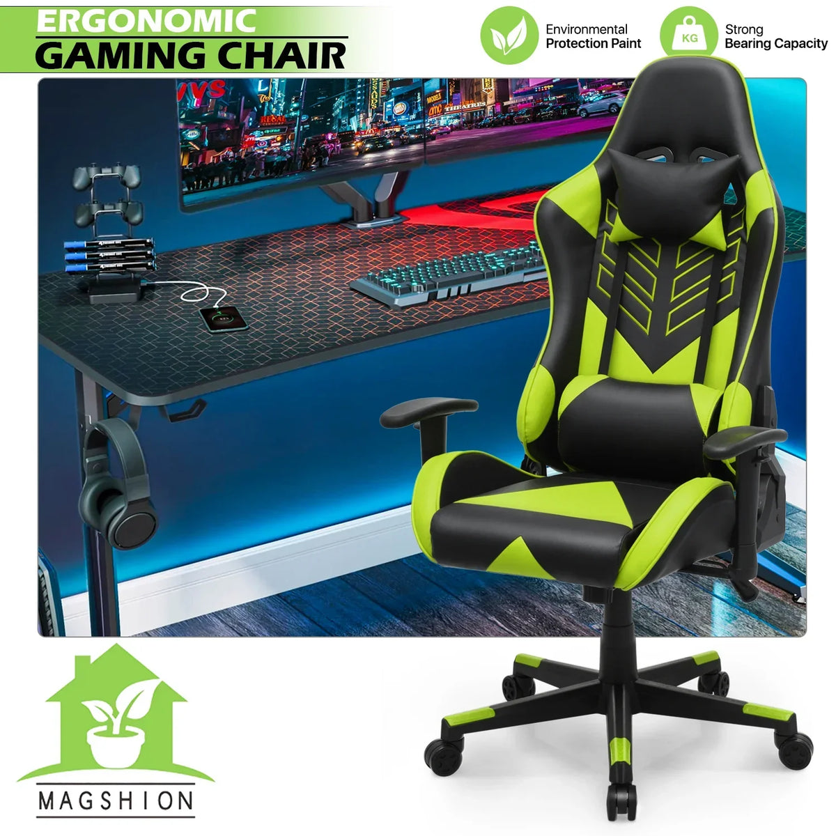 Nouveauté 2026 – Chaise de jeu ergonomique Magshion , chaise de jeu confortable, chaise de bureau en cuir, chaise de jeu pivotante et réglable, bleue