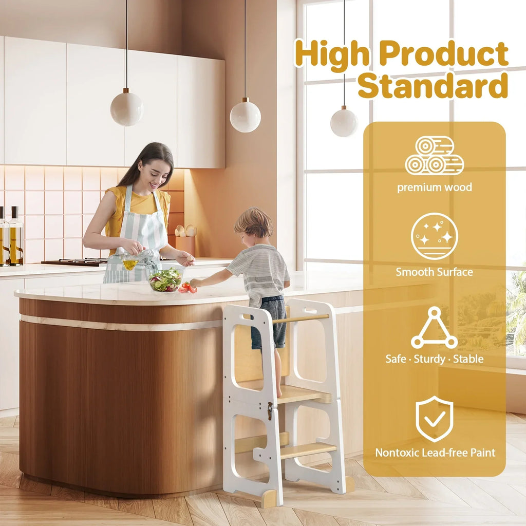 Nouveauté 2026 – Marchepied de cuisine JOZ pour tout-petits, tabouret d'apprentissage Montessori, tour pliable pour le comptoir, aide à la station debout pour les enfants, 3 hauteurs réglables, en bois, blanc
