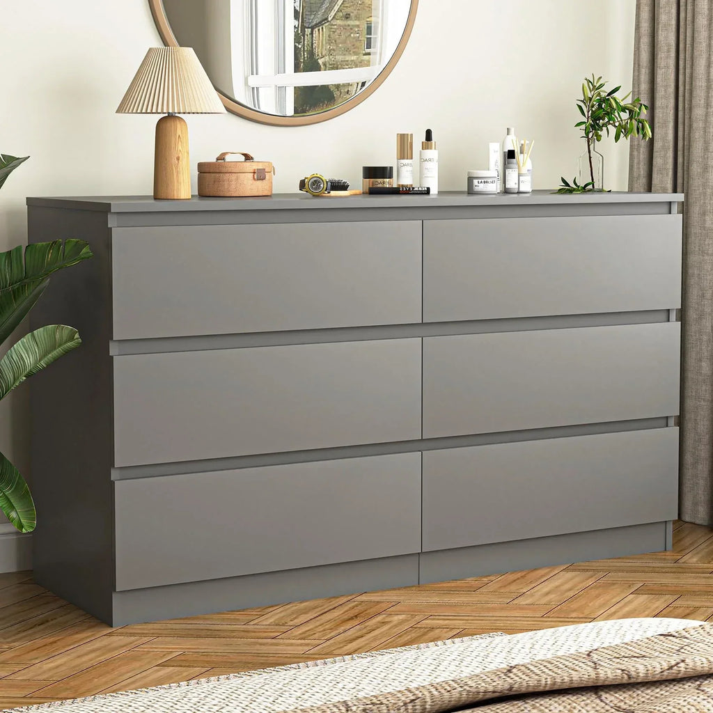 Nouveauté 2026 – Commode Resenkos moderne style milieu du siècle, 6 tiroirs, large, pour chambre à coucher, grise