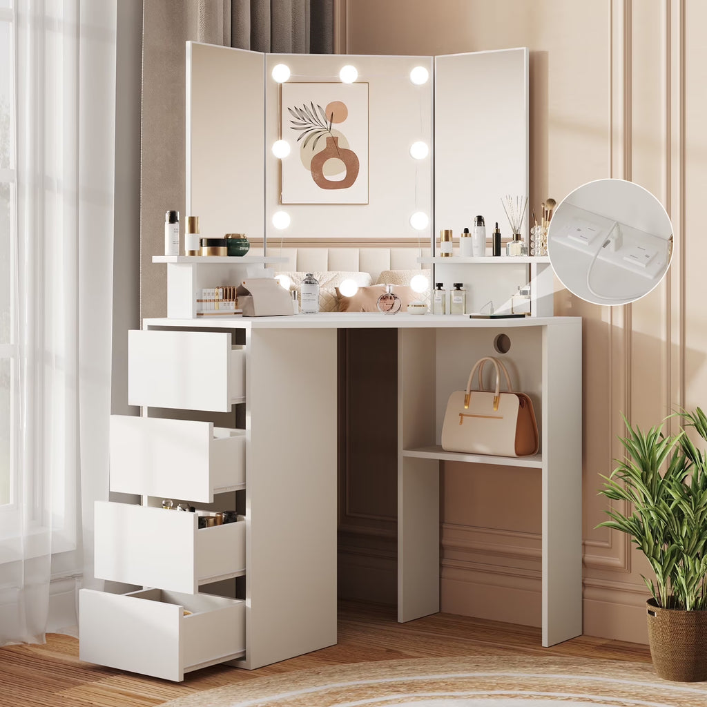 Nouveauté 2026 – Coiffeuse d'angle en placage bois blanc avec miroir et lumière, table de maquillage avec 4 tiroirs et station de recharge pour chambre à coucher