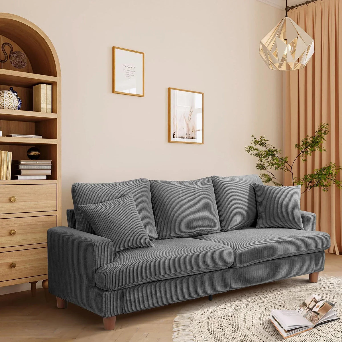 Nouveauté 2026 – Canapé 3 places en velours côtelé 221 cm (87 pouces), avec assises extra profondes, confortable et rembourré, idéal pour le salon. Comprend 2 coussins et est disponible en vert
