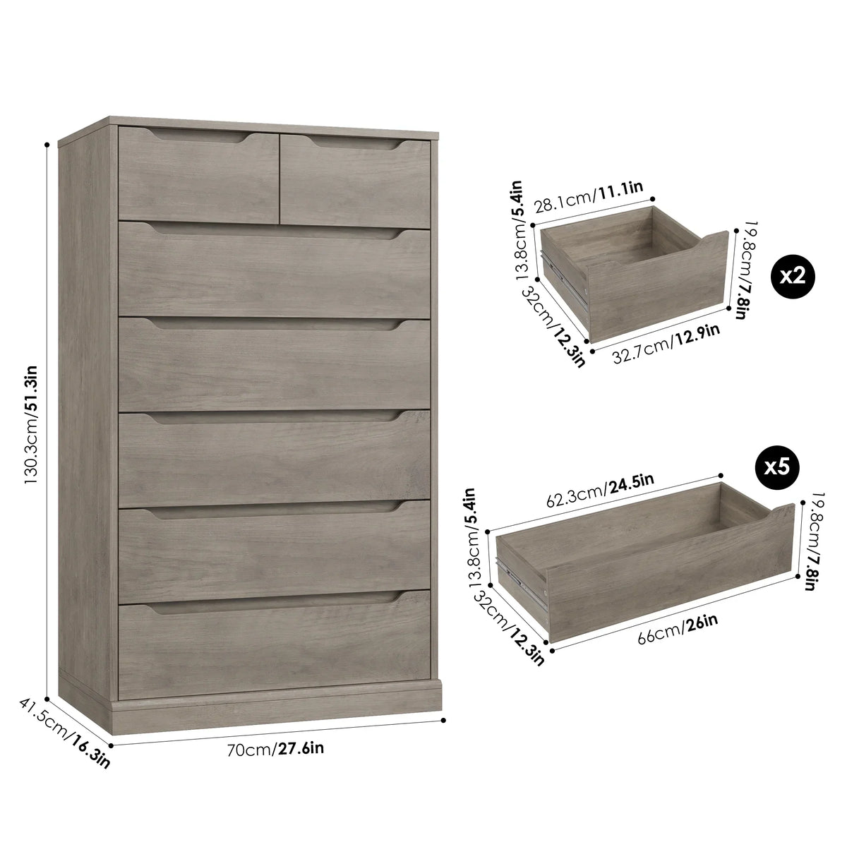 Nouveauté 2026 – Commode blanche Homfa 7 tiroirs, 130 cm de hauteur, meuble de rangement en bois avec base stable améliorée, commode verticale pour chambre ou salon