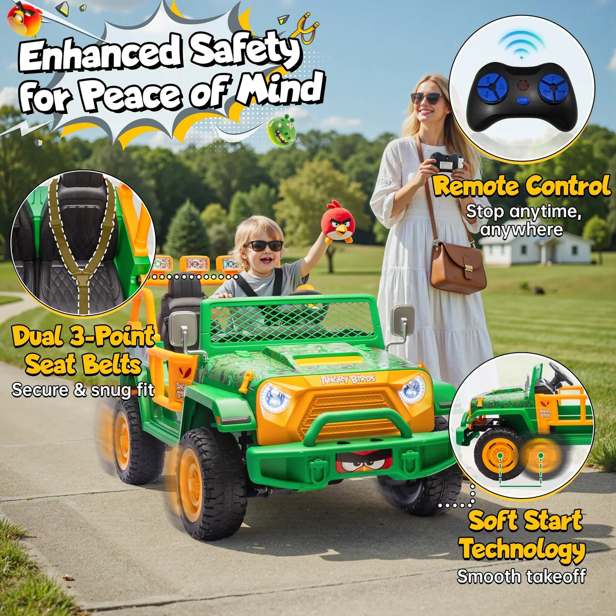 Nouveauté 2026 – Joyracer , véhicule électrique 24 volts pour enfants de 3 à 8 ans, sous licence Angry Birds, avec télécommande, pelle, Bluetooth, phares et roues motorisées. Convient aux enfants jusqu'à 60 kg (130 lbs). Couleur verte