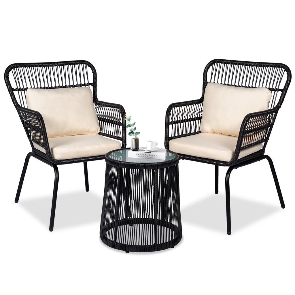 Nouveauté 2026 – Ensemble bistro de conversation 3 pièces Tappio pour patio, mobilier de jardin en rotin, table basse en verre et coussins, jaune/beige, idéal pour le jardin, le balcon, la terrasse ou la piscine