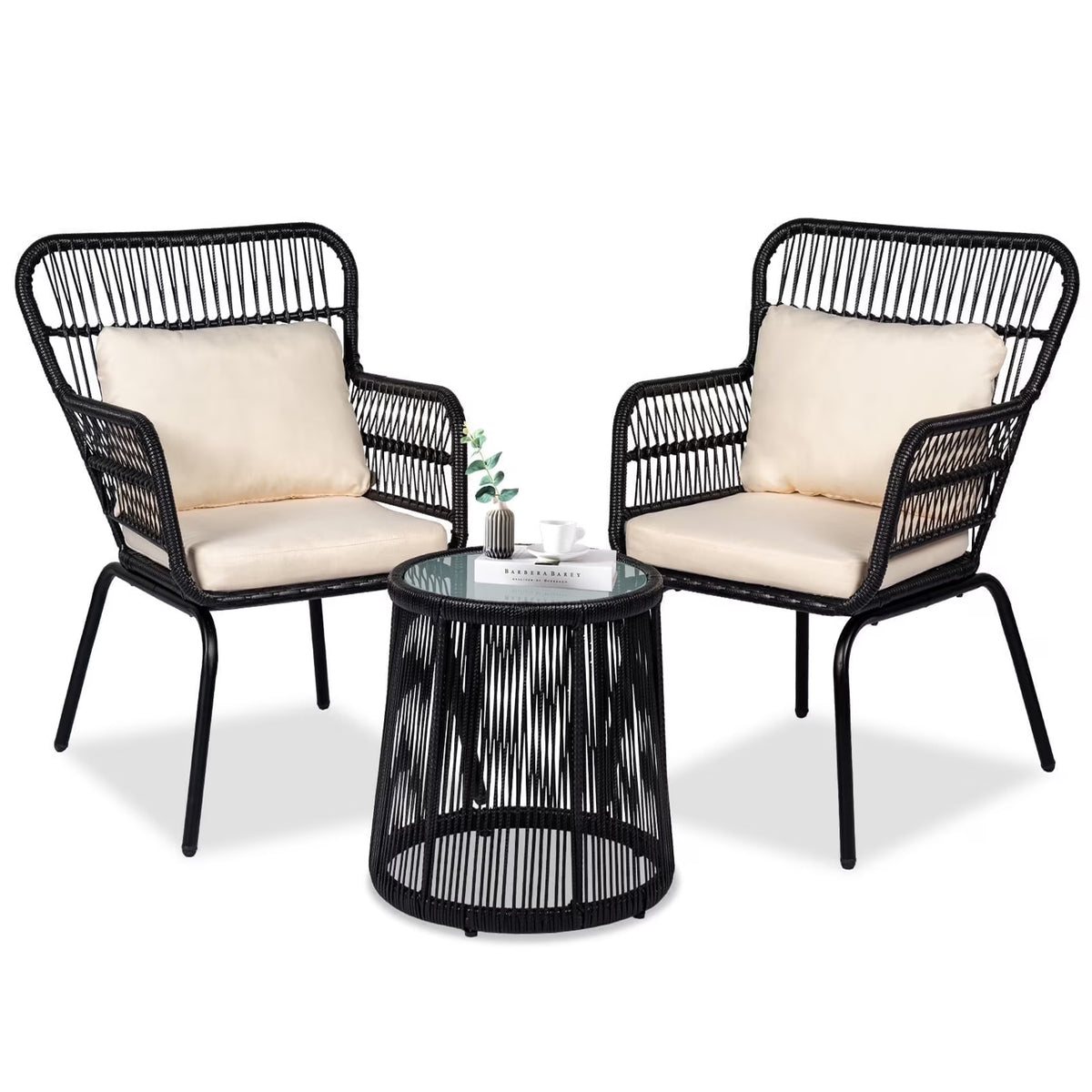 Nouveauté 2026 – Ensemble bistro de conversation 3 pièces Tappio pour patio, mobilier de jardin en rotin, table basse en verre et coussins, jaune/beige, idéal pour le jardin, le balcon, la terrasse ou la piscine