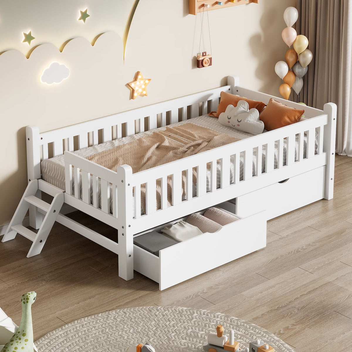 Nouveauté 2026 – Lit plateforme Euroco en bois, taille simple, avec 2 tiroirs et échelle, pour enfants et tout-petits, blanc