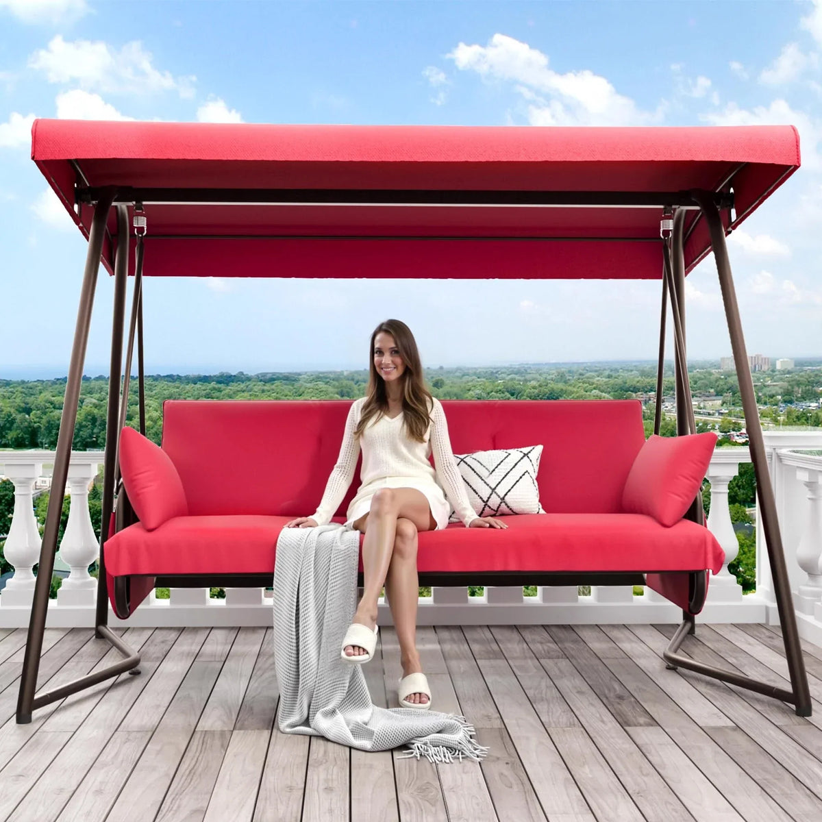 Nouveauté 2026 – Balancelle d'extérieur surdimensionnée 4 places TQKVIPI avec dossier réglable et auvent, convertible en lit suspendu 2 en 1 (capacité de 363 kg), avec coussins amovibles, idéale pour jardin, terrasse, piscine ou balcon