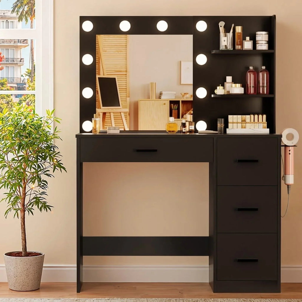 Nouveauté 2026 – Coiffeuse Lacoo avec miroir et éclairage LED, meuble de maquillage avec 7 tiroirs et 4 étagères, table de toilette avec prise électrique pour chambre ou dressing, blanche