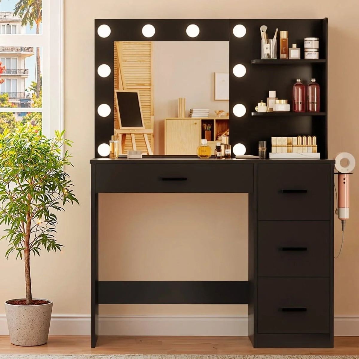 Nouveauté 2026 – Coiffeuse Lacoo avec miroir et éclairage LED, meuble de maquillage avec 7 tiroirs et 4 étagères, table de toilette avec prise électrique pour chambre ou dressing, blanche