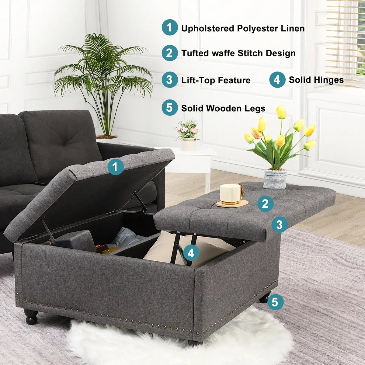 Nouveauté 2026 – Pouf de rangement carré Magic Union 35" , grand modèle, avec plateau relevable et revêtement capitonné, idéal pour le salon (beige