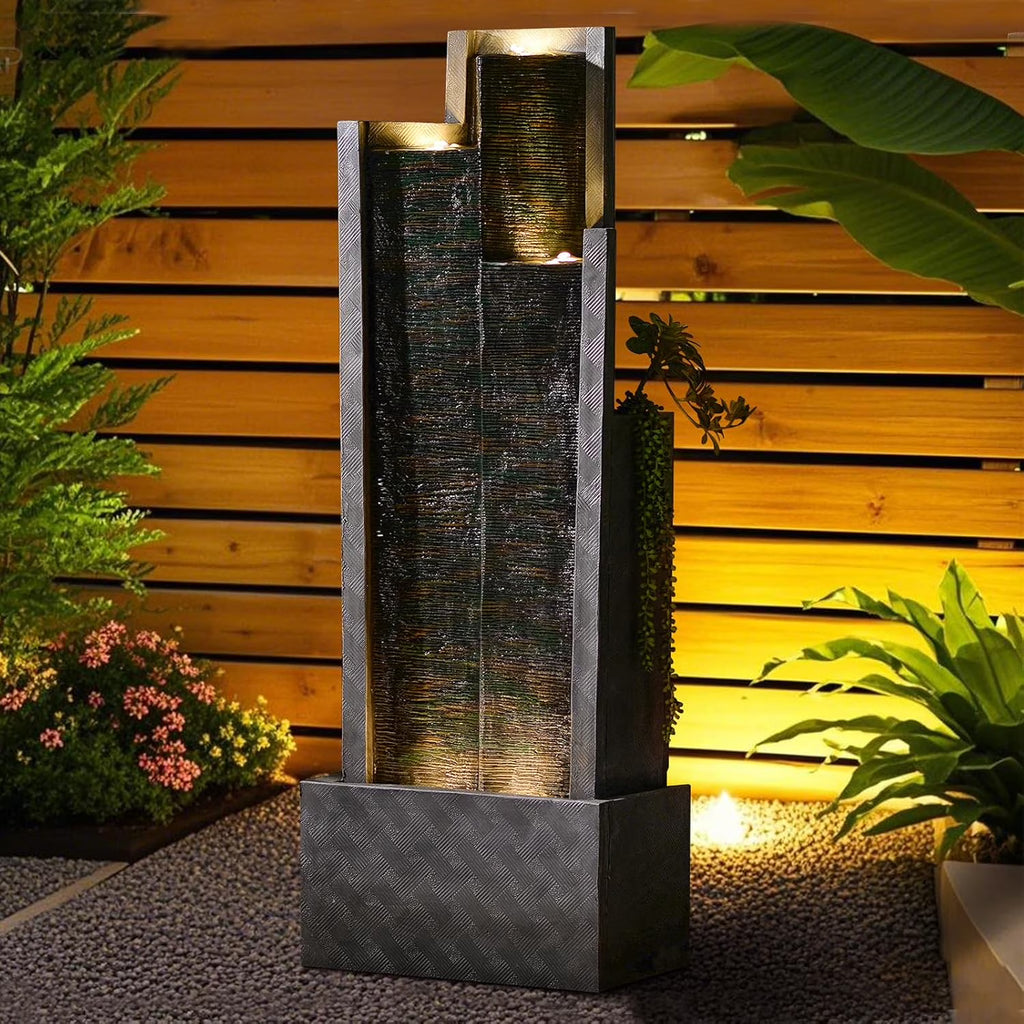 Nouveauté 2026 – Fontaine cascade moderne d'extérieur avec éclairage LED pour jardin, terrasse, cour, patio, porche et décoration intérieure