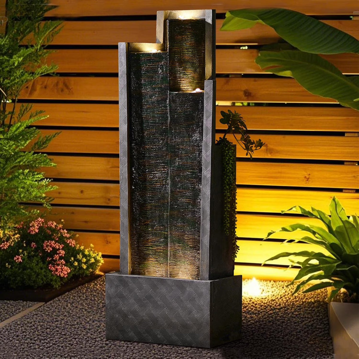 Nouveauté 2026 – Fontaine cascade moderne d'extérieur avec éclairage LED pour jardin, terrasse, cour, patio, porche et décoration intérieure