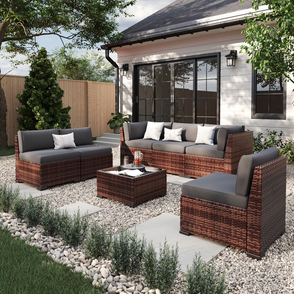 Nouveauté 2026 – Ensemble de mobilier de patio 7 pièces ELPOSUN , canapé d'angle en rotin gris foncé pour jardin
