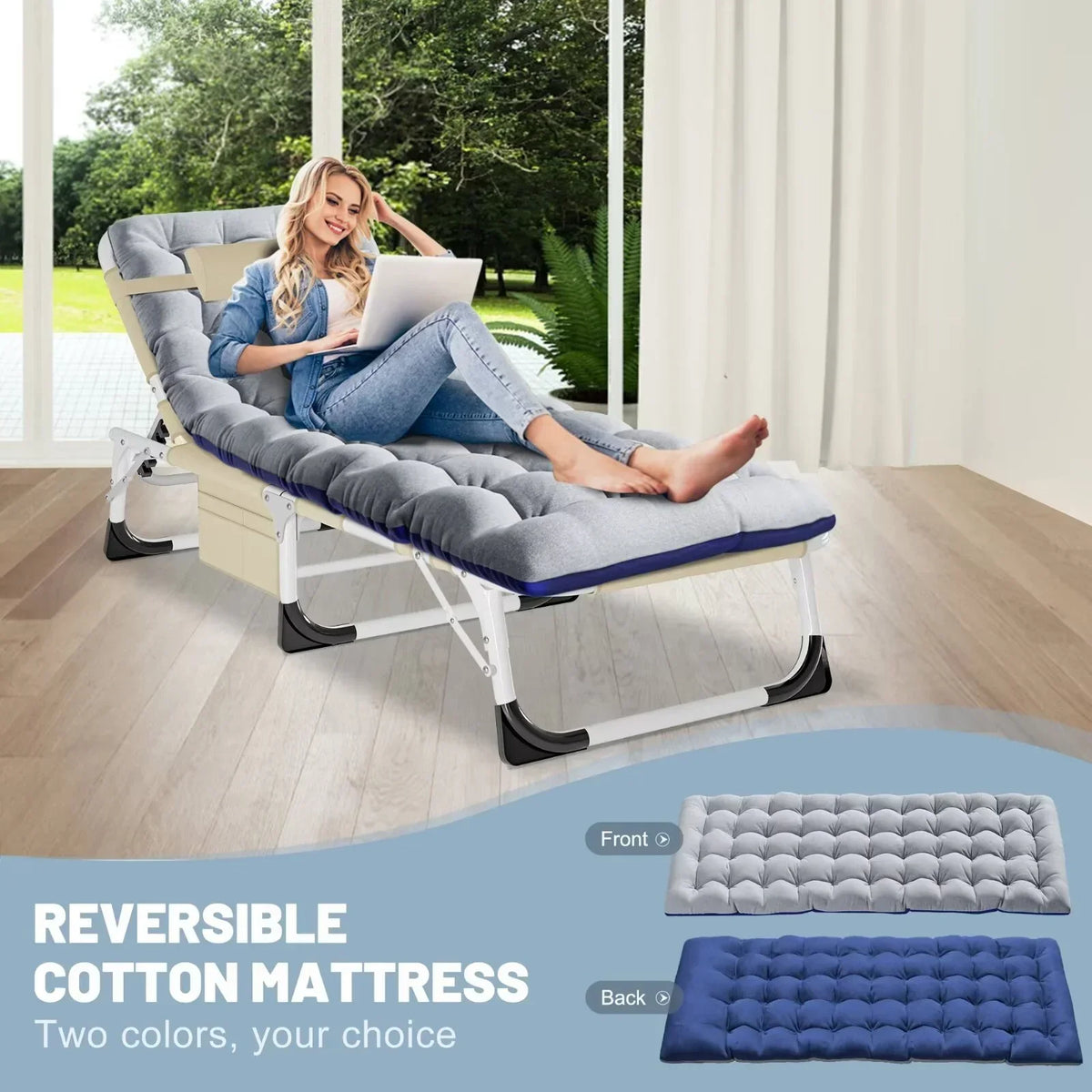 Nouveauté 2026 – Chaise longue MOPHOTO avec matelas, supportant jusqu'à 200 kg, lit de camp portable et robuste, réglable, idéal pour le camping, la piscine, la plage et la terrasse