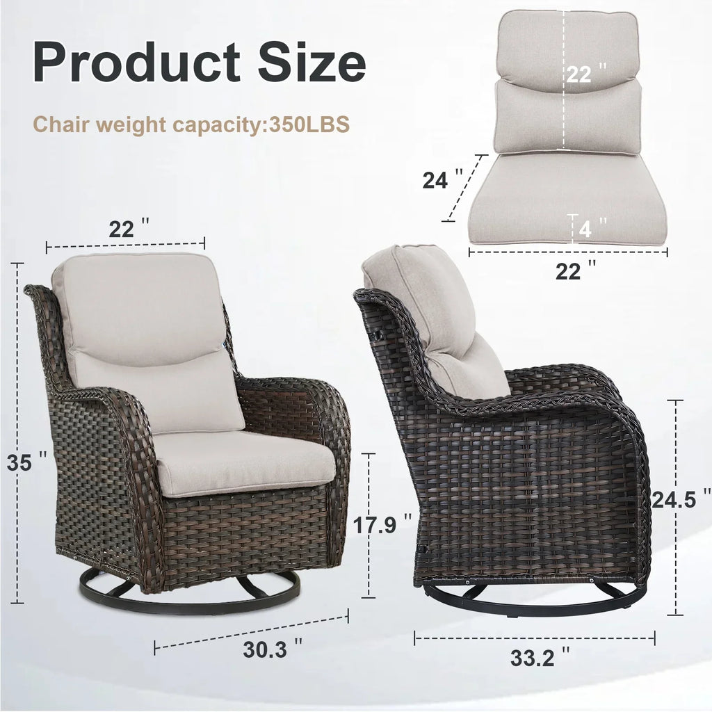 Nouveauté 2026 – POCASSY Fauteuils pivotants de patio, fauteuils à bascule pivotants d'extérieur en osier avec dossier haut et coussins épais pour véranda ou terrasse - Lot de 2, beige