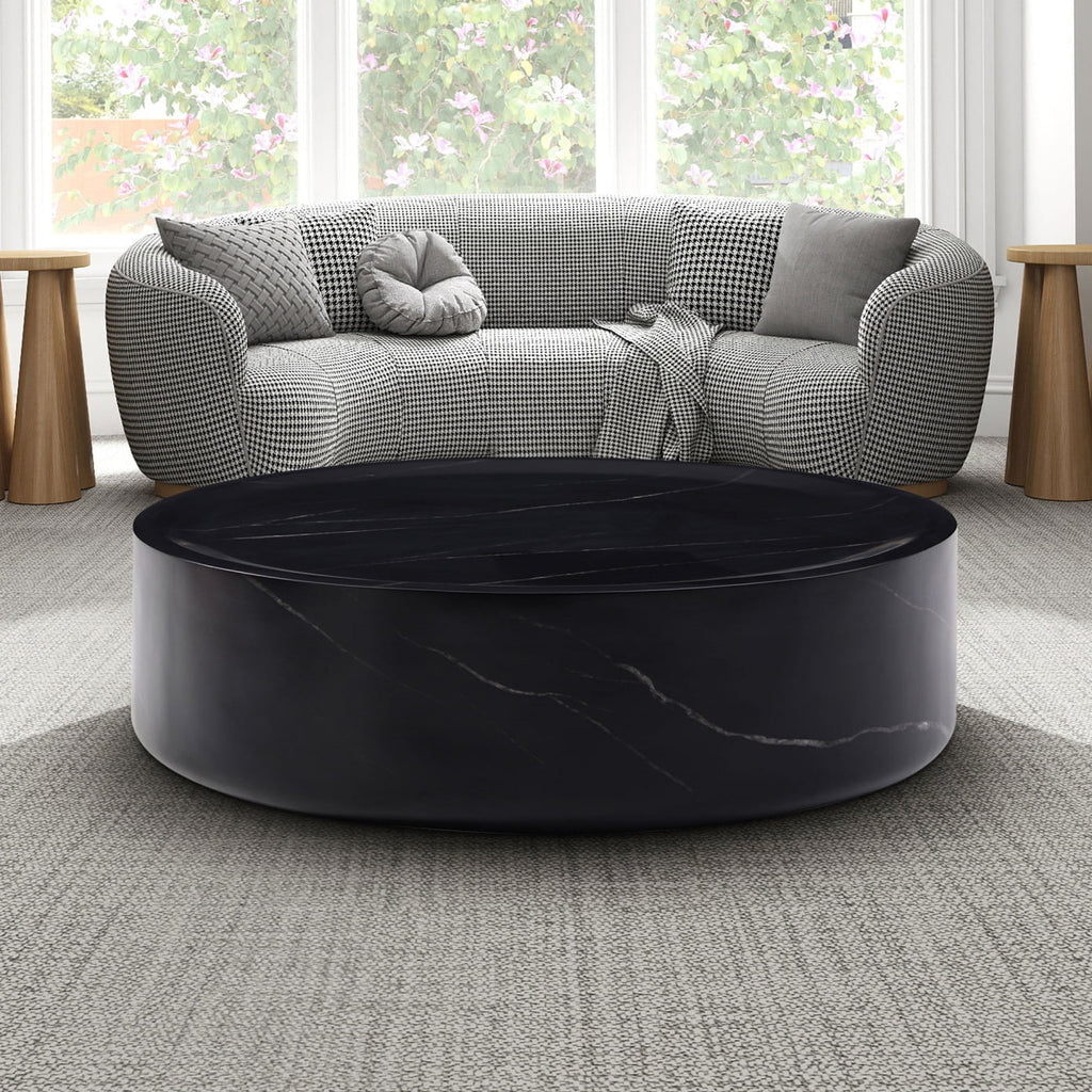 Nouveauté 2026 – Table basse ronde 31,49'' avec texture marbre, table basse circulaire moderne en fibre de verre, table d'appoint pour salon ou extérieur, livrée montée, finition marbre