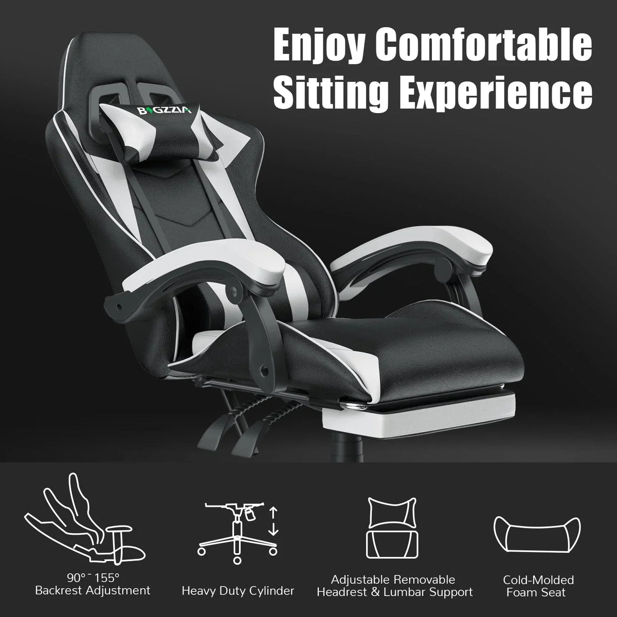 Nouveauté 2026 – Chaise de jeu Bigzzia , chaise de bureau ergonomique avec appui-tête et soutien lombaire réglables en hauteur, pour adultes et adolescents, noir et blanc