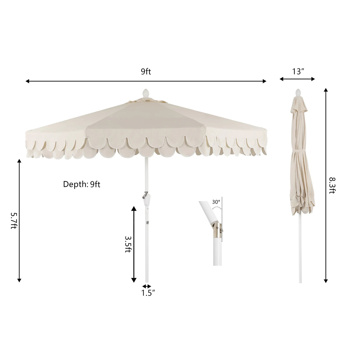Nouveauté 2026 – Parasol de marché JONATHAN Y Tracy 2,74 m (9 pi), style classique milieu du siècle, franges festonnées, manivelle d'inclinaison automatique, aération et protection UV, rose corail/blanc, mât marron foncé