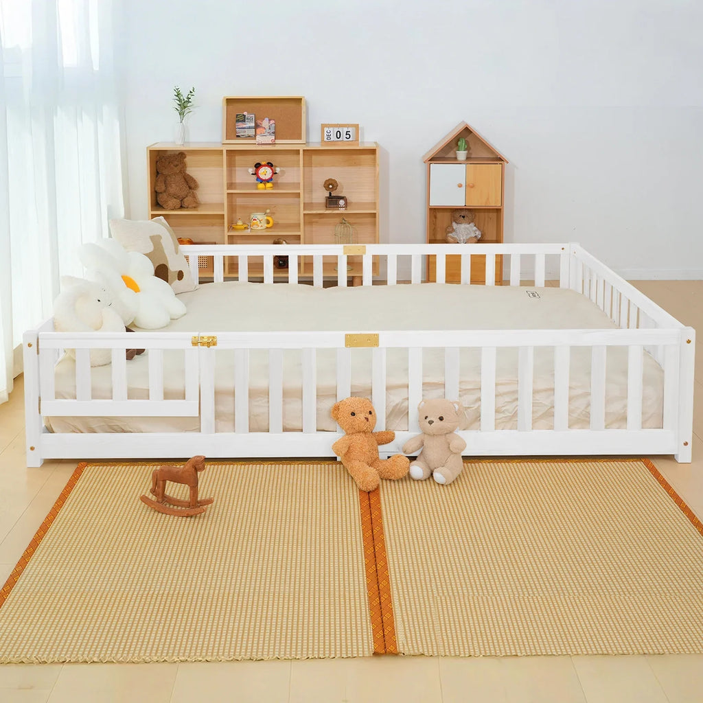 Nouveauté 2026 – Lit de sol Montessori pour tout-petits (taille jumelle), cadre de lit en bois massif avec barrière et porte, pour filles et garçons