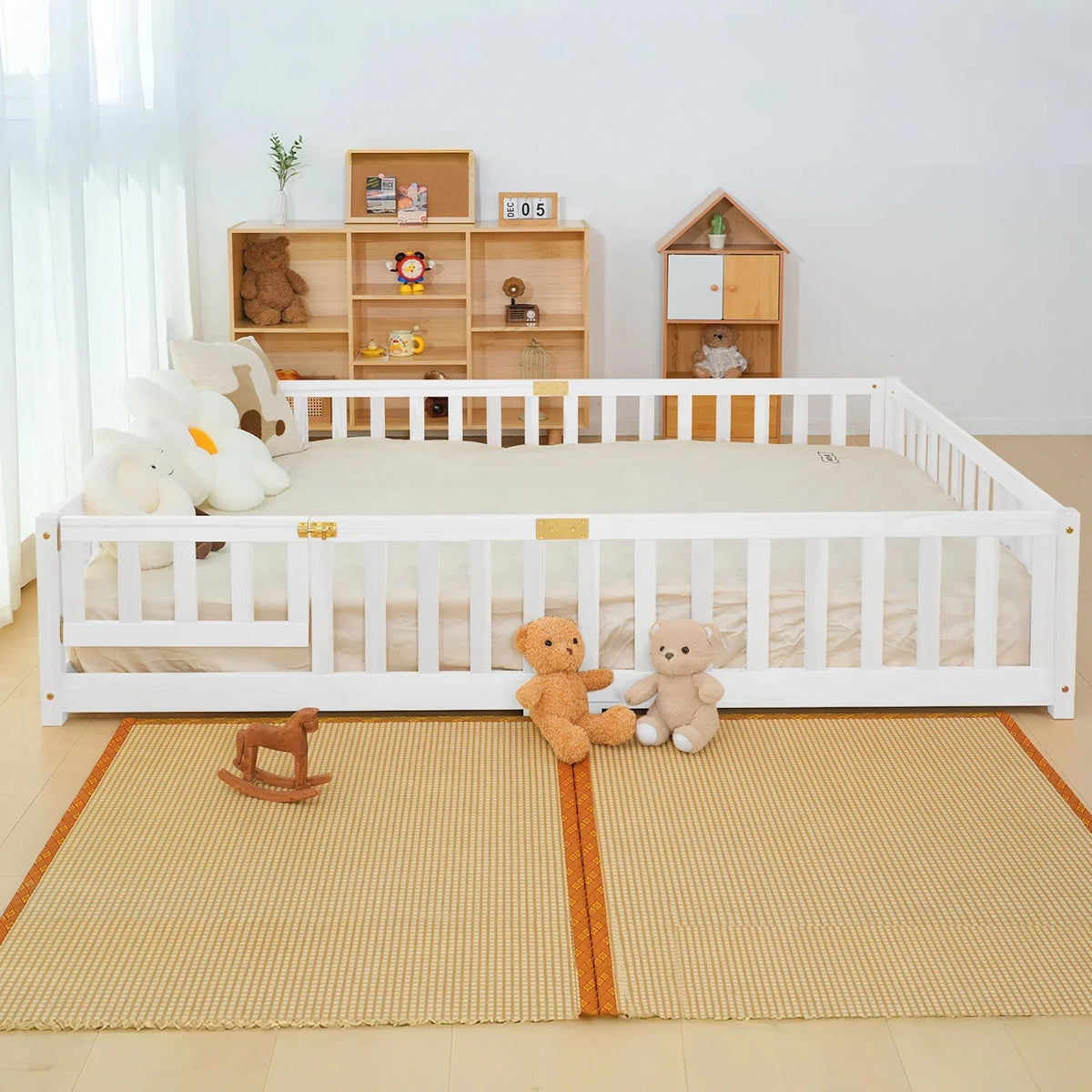 Nouveauté 2026 – Lit de sol Montessori pour tout-petits (taille jumelle), cadre de lit en bois massif avec barrière et porte, pour filles et garçons