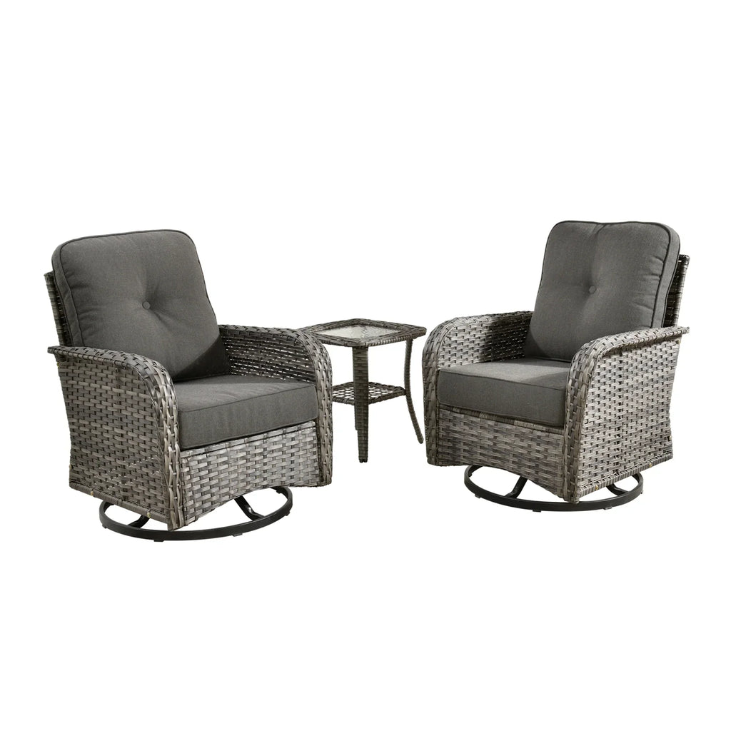 Nouveauté 2026 – Ensemble de mobilier de jardin 5 pièces Ovios , comprenant fauteuils pivotants et table basse, en résine tressée résistante aux intempéries, gris foncé