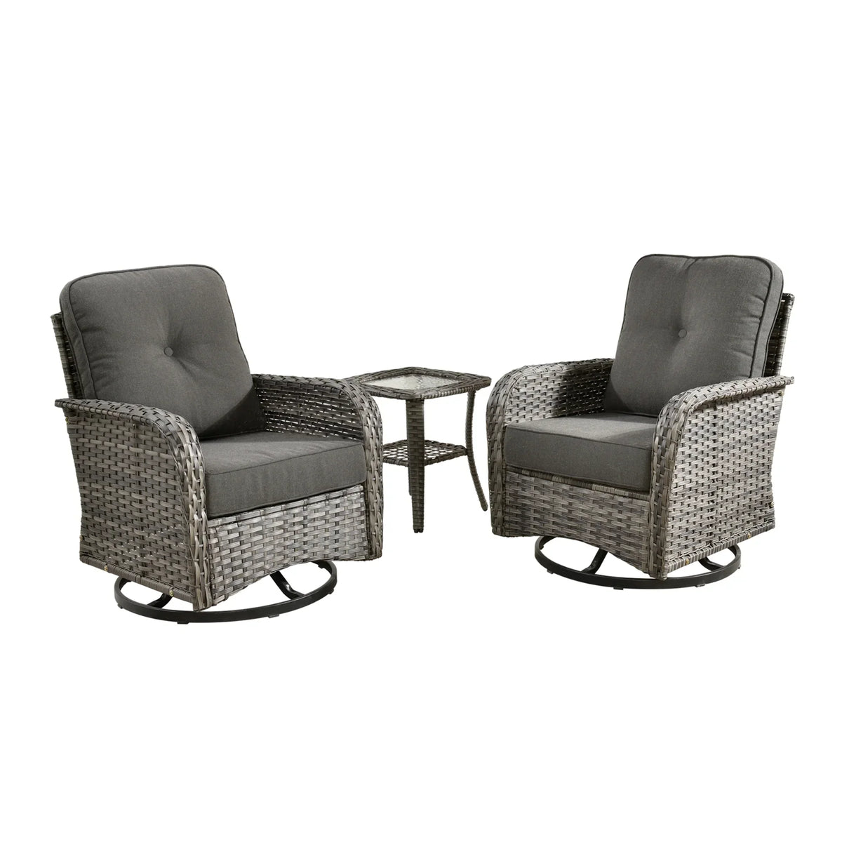 Nouveauté 2026 – Ensemble de mobilier de jardin 5 pièces Ovios , comprenant fauteuils pivotants et table basse, en résine tressée résistante aux intempéries, gris foncé