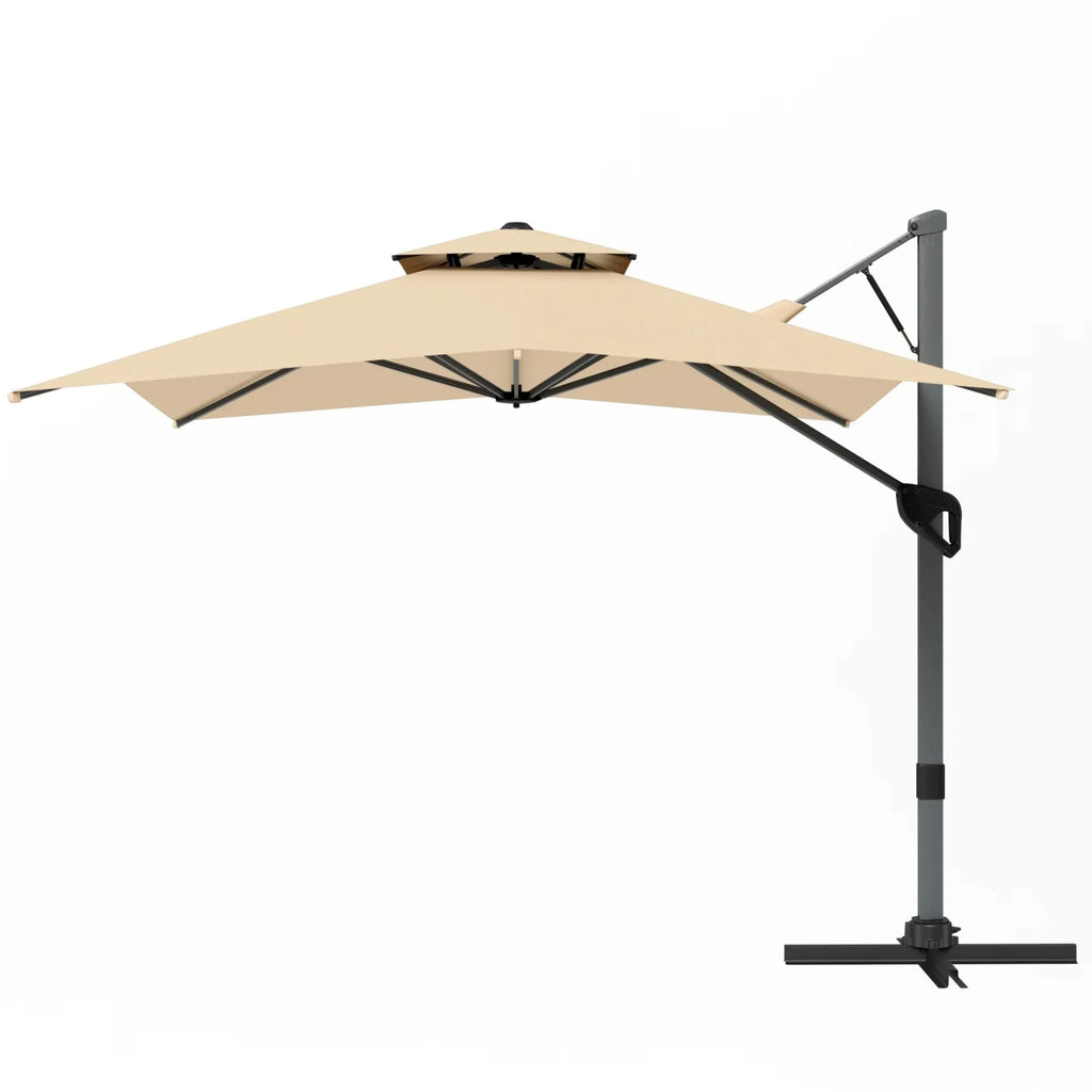 Nouveauté 2026 – Parasol d'extérieur Alpha Joy 12x9pi (3,66 x 2,74 m), grand modèle rectangulaire déporté à double structure, rotation à 360°, beige