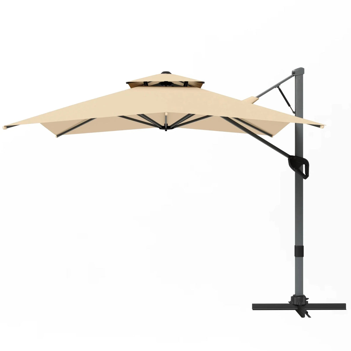 Nouveauté 2026 – Parasol d'extérieur Alpha Joy 12x9pi (3,66 x 2,74 m), grand modèle rectangulaire déporté à double structure, rotation à 360°, beige