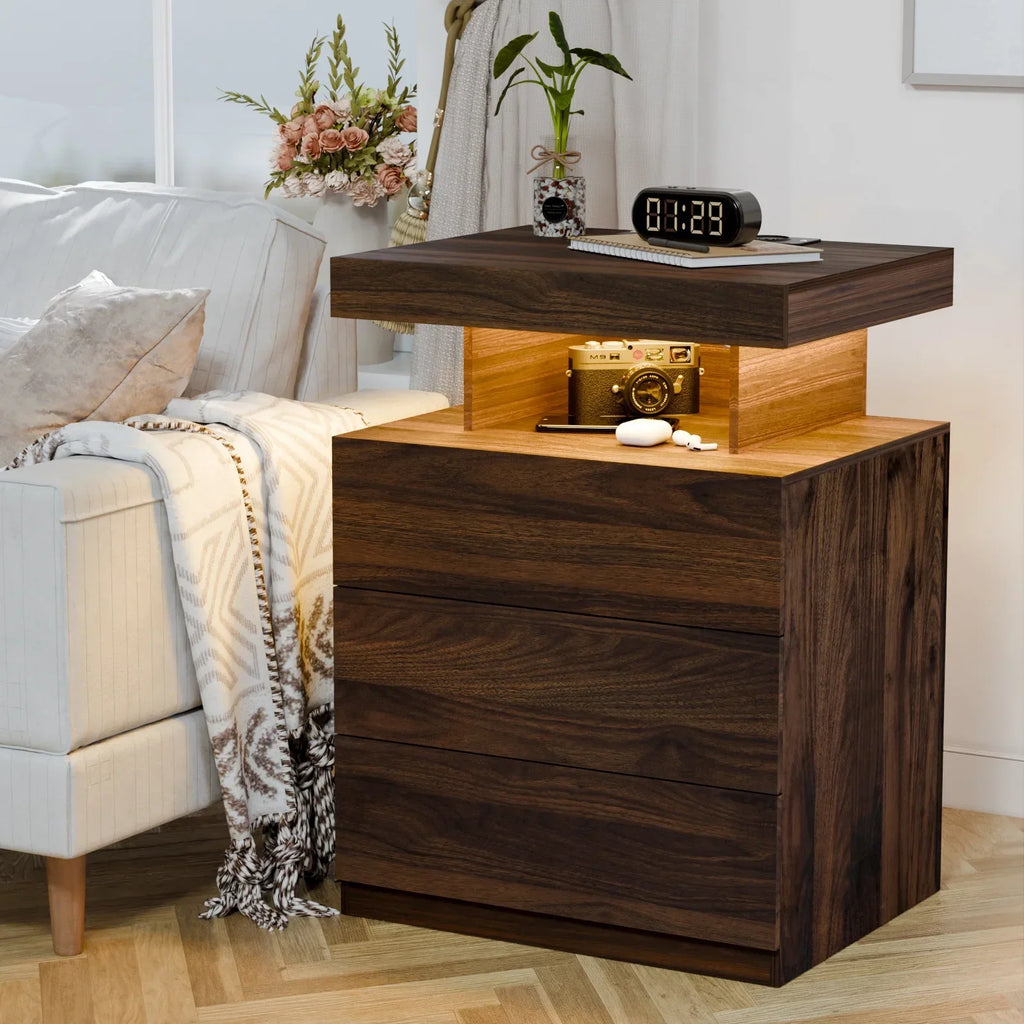 Nouveauté 2026 – Table de chevet LED Hommpa avec station de charge sans fil, ports USB Type-C, 3 tiroirs, finition laquée noire, style moderne et élégant, hauteur 68 cm (26,8 pouces). Idéale pour la chambre à coucher