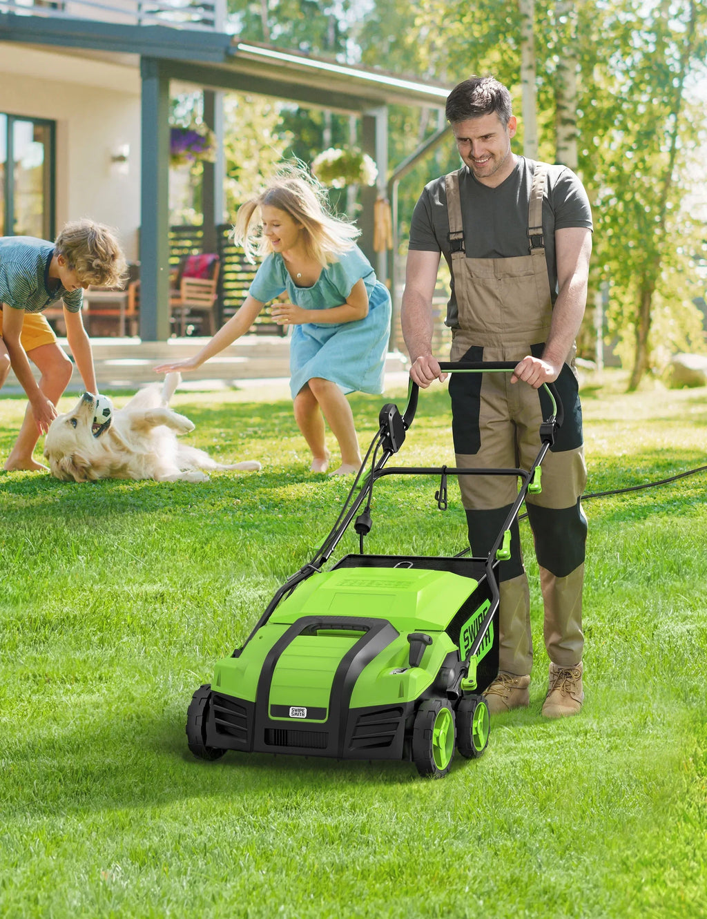 Nouveauté 2026 – Scarificateur électrique SWIPESMITH 16" 15 A , avec réglage de profondeur à 5 positions, sac de ramassage de chaume amovible de 14,5 gallons, pliage rapide, préserve la santé de votre pelouse