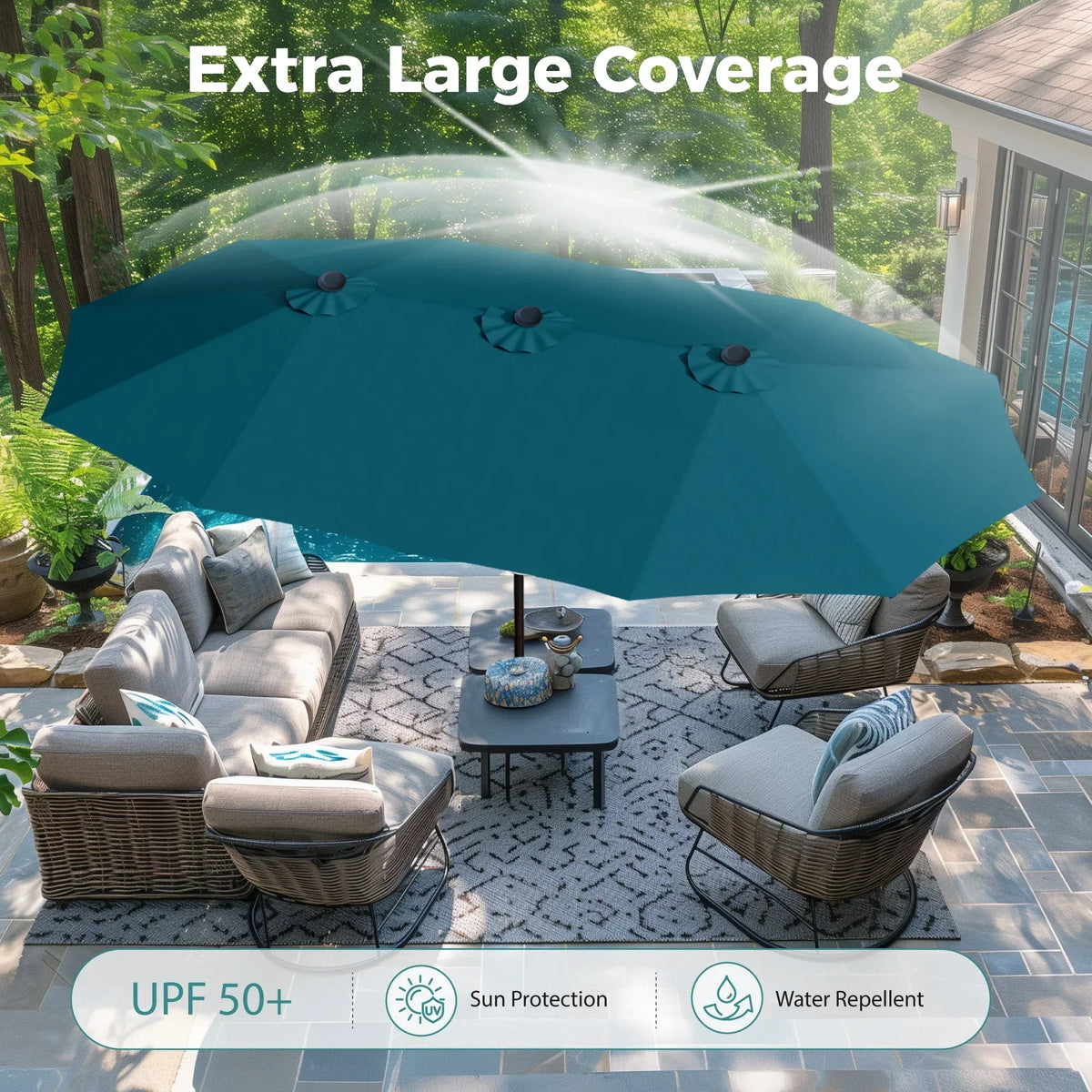 Nouveauté 2026 – Parasol de jardin extra-large Alpha Joy 4,57 m (15 pi) à double face avec manivelle et base - Gris fumé