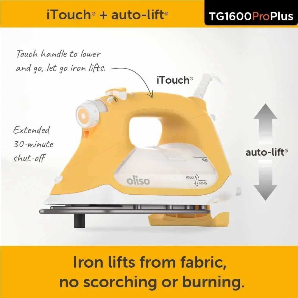 Nouveauté 2026 – Fer à repasser vapeur Oliso TG1600 Pro Plus 1800 W avec fonction SmartIron et levage automatique – idéal pour le repassage de vêtements, la couture, le quilting et les loisirs créatifs | Semelle en céramique Diamond-Flow, jaune
