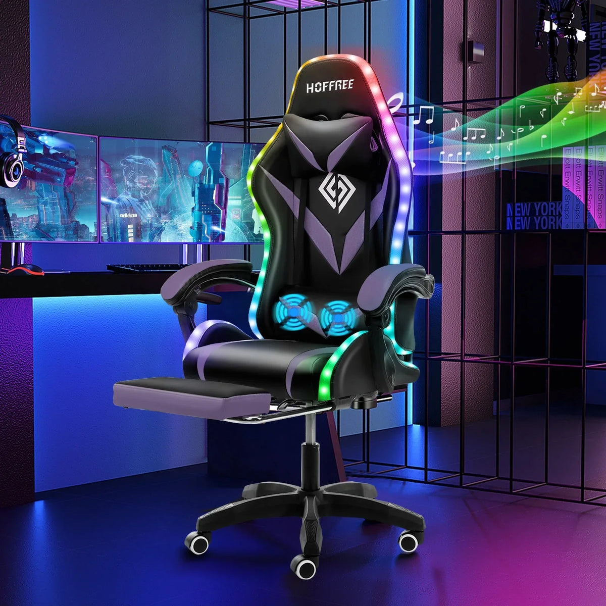Nouveauté 2026 – Fauteuil de jeu Hoffree avec haut-parleurs intégrés, en cuir PU, repose-pieds et éclairage LED. Fauteuil ergonomique pour gamer avec massage, soutien lombaire et appui-tête pivotant et réglable. Idéal pour le télétravail et le bureau