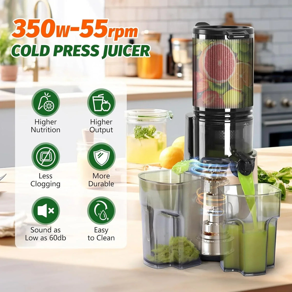 Nouveauté 2026 – Extracteur de jus à froid YPONE , extracteur à mastication avec goulotte d'alimentation de 13,7 cm de large, 350 W, convient aux fruits et légumes entiers, extracteur de jus à haut rendement, facile à nettoyer (noir