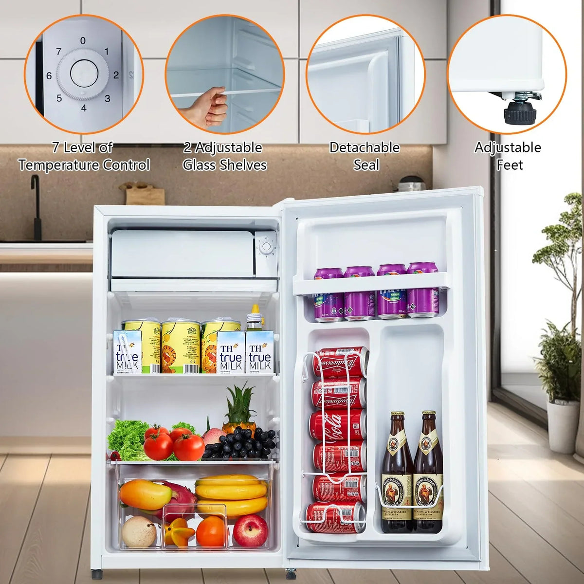 Nouveauté 2026 – Mini-réfrigérateur avec congélateur , 90 litres (3,2 pi³), idéal pour la chambre, thermostat réglable à 7 positions, silencieux, facile à ranger et à nettoyer, porte unique. Convient pour la maison, le bureau, une résidence étudiante
