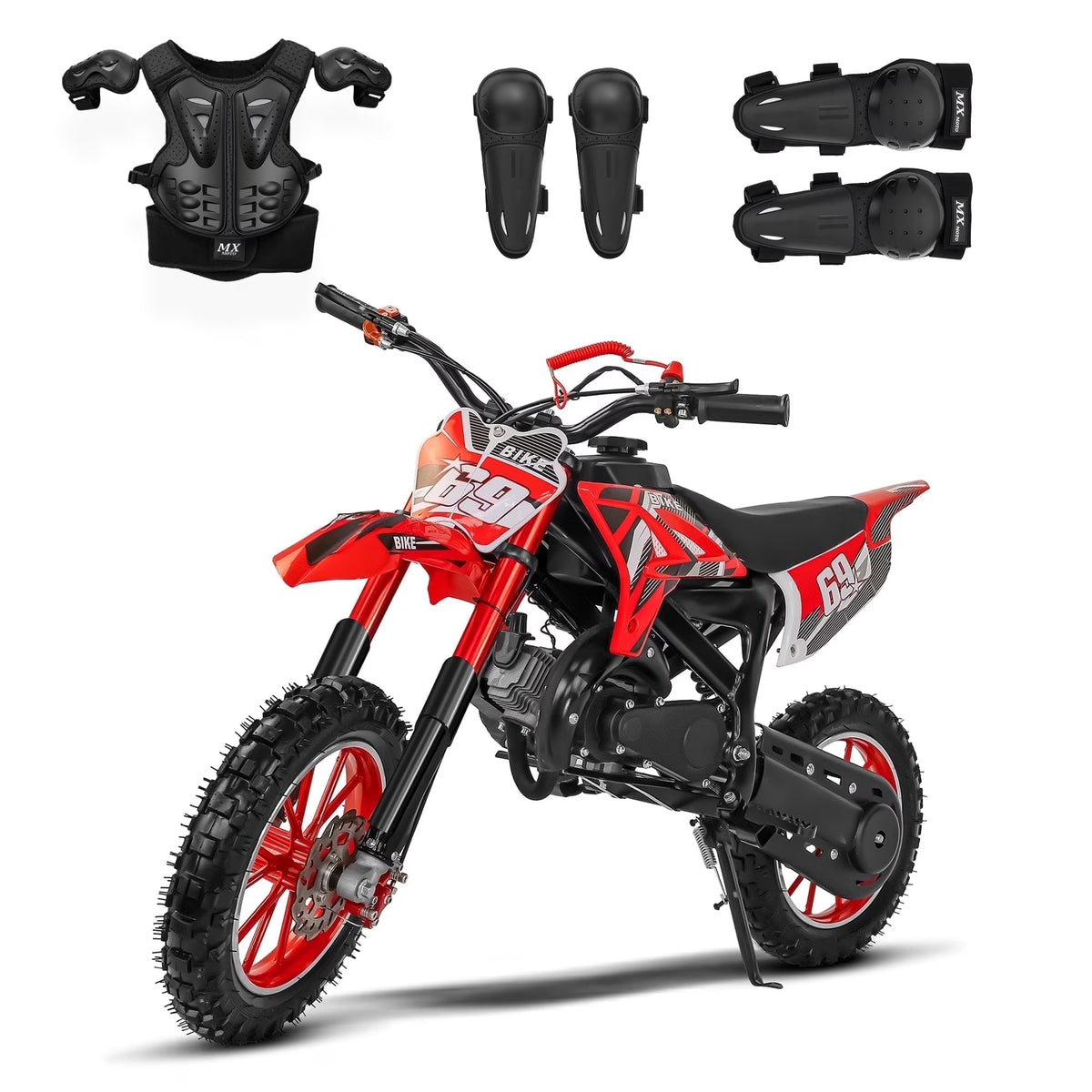 Nouveauté 2026 – Moto tout-terrain enfant MX 49 cm³ , moteur 2 temps à essence, suspension à ressorts, selle confortable, freins à disque avant et arrière, vitesse maximale de 45 km/h