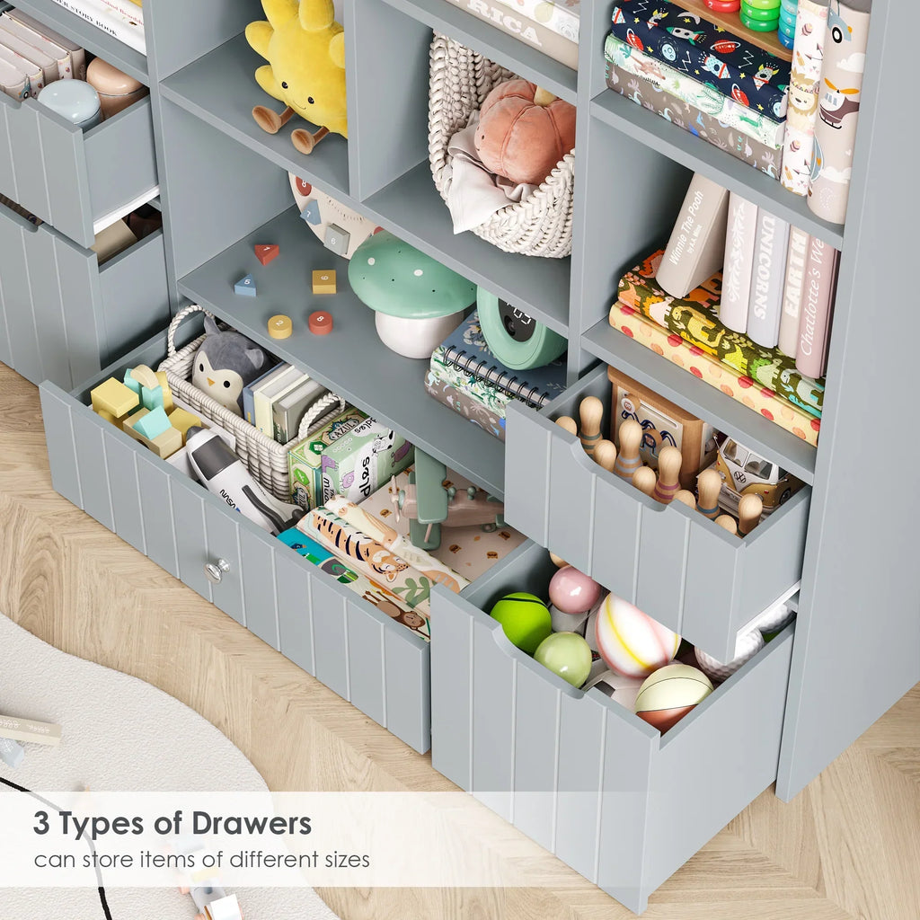 Nouveauté 2026 – Coffre de rangement pour jouets Homfa avec compartiments, tiroirs amovibles, bibliothèque pour chambre ou salon, gris