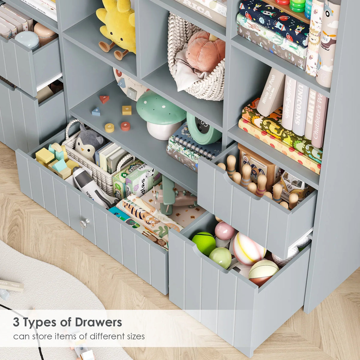 Nouveauté 2026 – Coffre de rangement pour jouets Homfa avec compartiments, tiroirs amovibles, bibliothèque pour chambre ou salon, gris