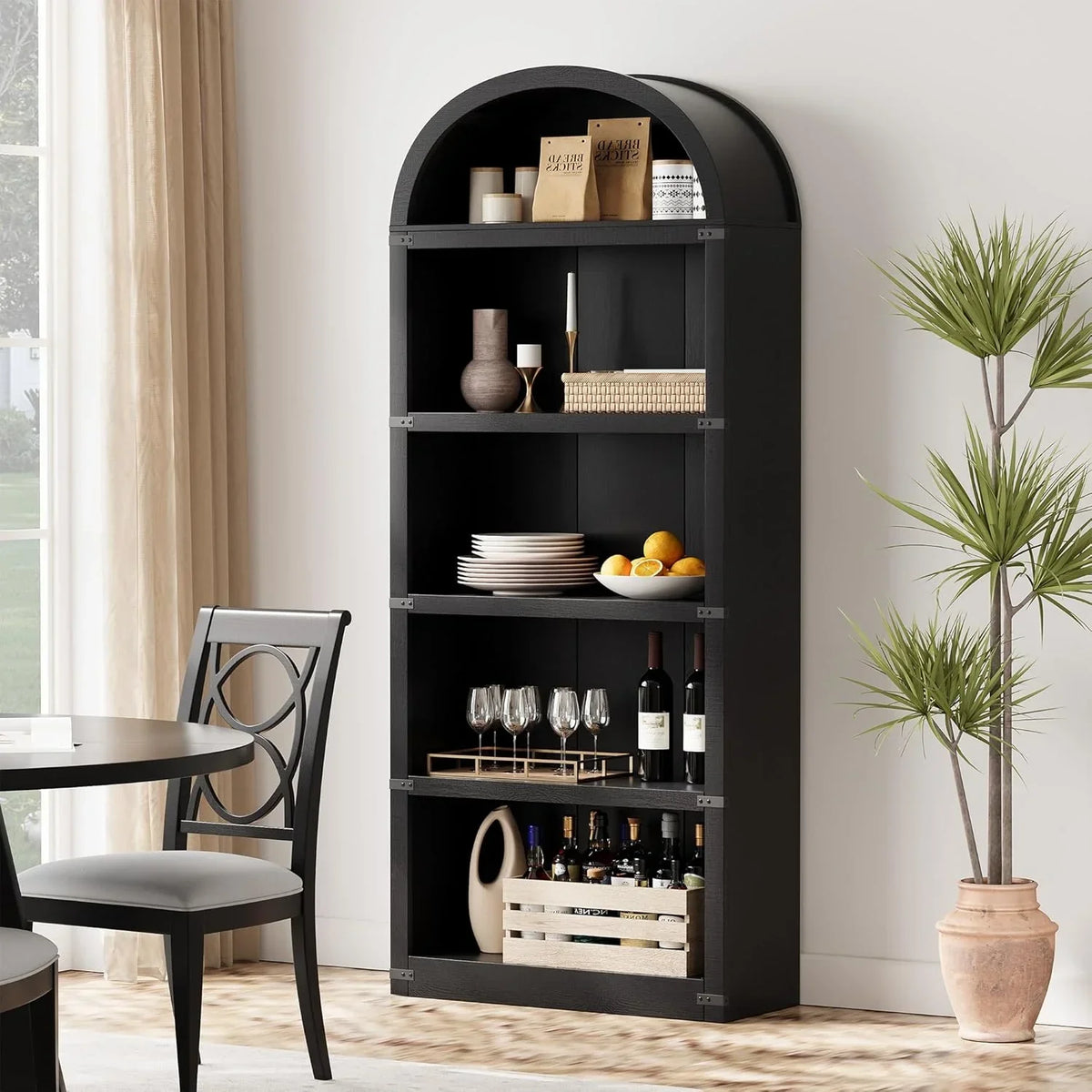 Nouveauté 2026 – Bibliothèque arquée à 5 étagères, 182 cm de haut, style ferme, étagère de rangement en bois pour la maison, le bureau ou le salon (blanche