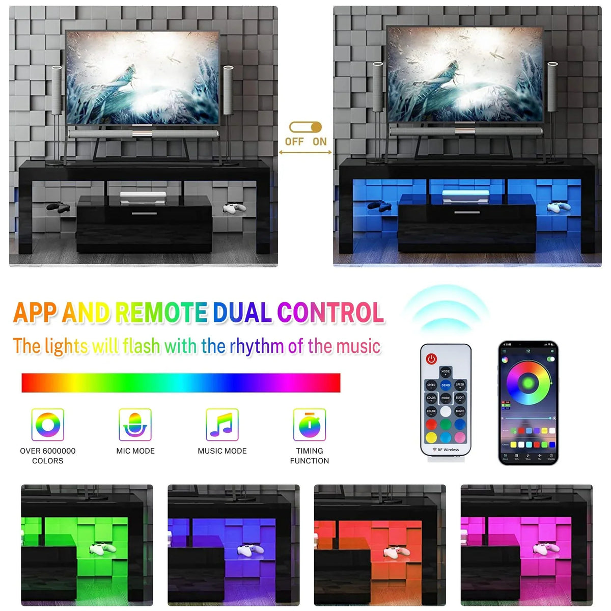 Nouveauté 2026 – Meuble TV PAPROOS pour téléviseurs jusqu'à 70 pouces, finition laquée brillante avec éclairage LED, console TV moderne avec tiroirs de rangement, meuble multimédia, blanc