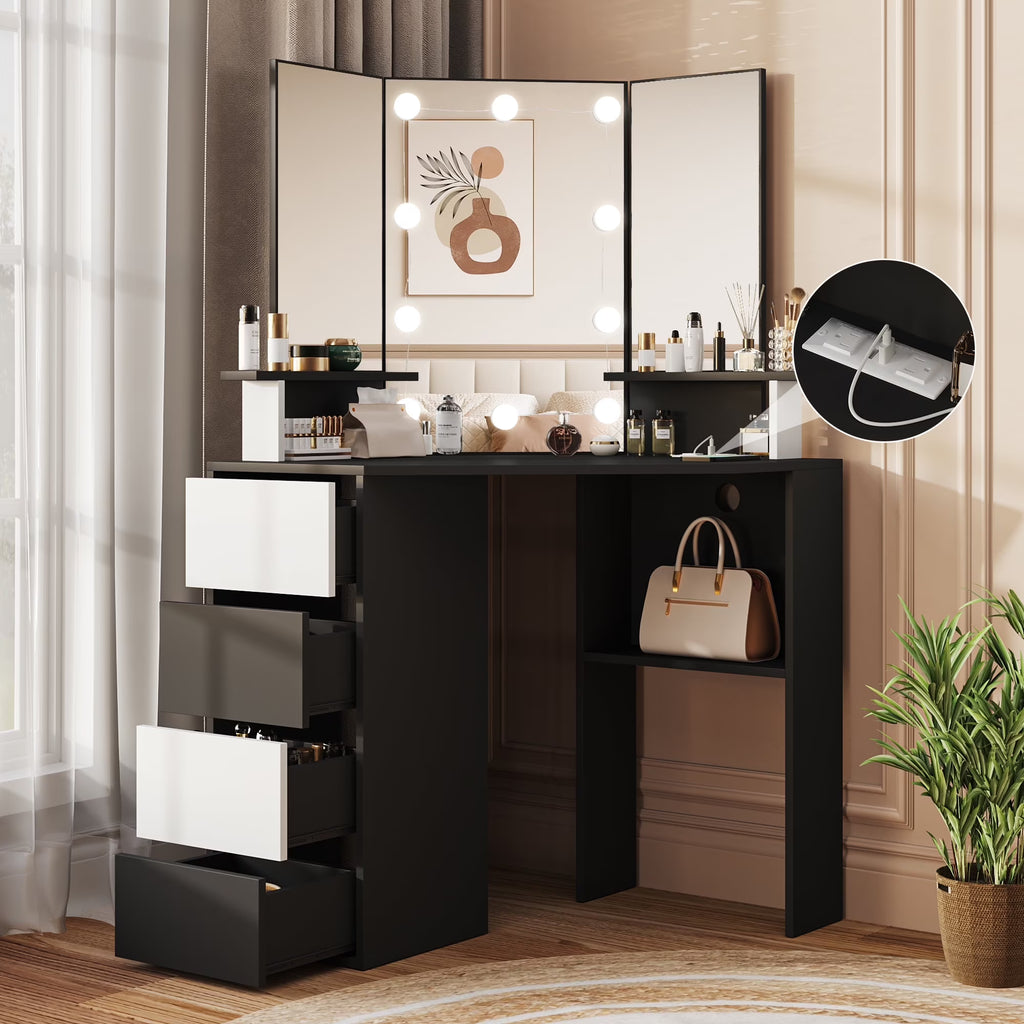 Nouveauté 2026 – Coiffeuse d'angle en placage bois blanc avec miroir et lumière, table de maquillage avec 4 tiroirs et station de recharge pour chambre à coucher